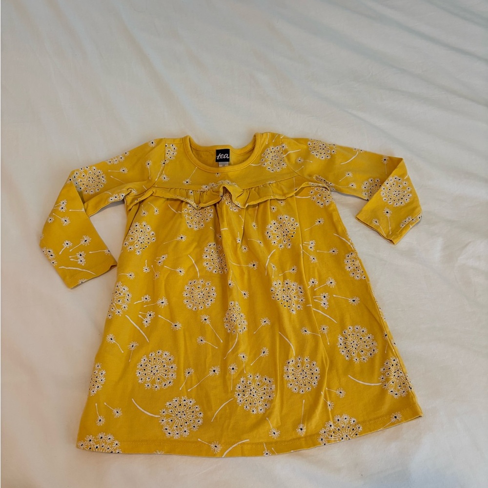 Tea Collection Yellow Floral Ruffle-Front Long Sleeve Dress